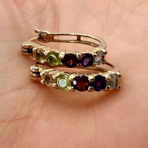 Estate Gold Vermeil Over Silver Multi Gemstone Hoop Earrings
